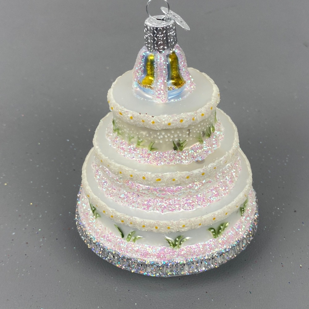 Old World Christmas Wedding Cake Glass Holiday Ornament White Pink Glitter